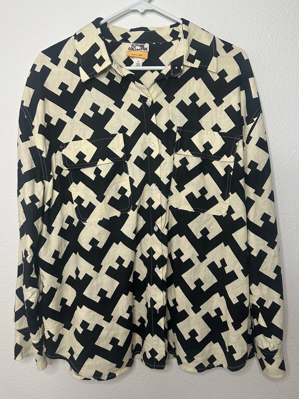Future Collective Linen Blend Black & Cream Geometric Button-Up Shirt